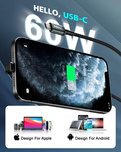Vista 3 de Cable USB C de 1 pie, cargador tipo C de 60 W, carga rápida, cable USB-C trenzado de nailon en ángulo recto, cargador de cable C de 90 grados