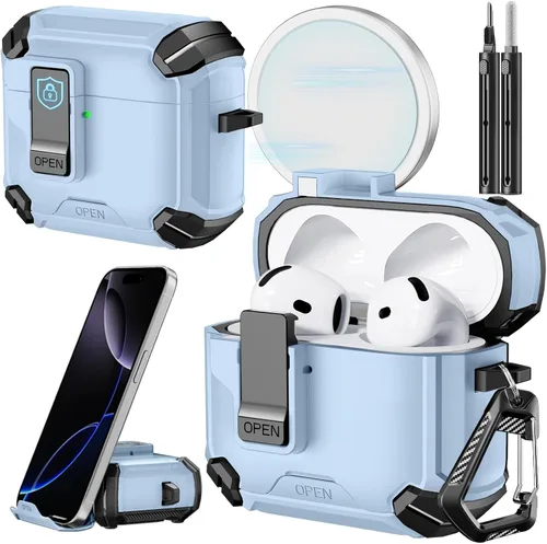 Vista 15 de Inesore Funda para AirPods Pro 1ª/2ª con bloqueo seguro (verde oscuro) Cubierta magnética de bloqueo automático con soporte para teléfono y kit