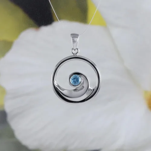 Vista 3 de Collar único hawaiano de topacio azul genuino con ondas oceánicas, colgante de plata de ley con topacio azul y ola del océano, N8887A, Metal, ópalo