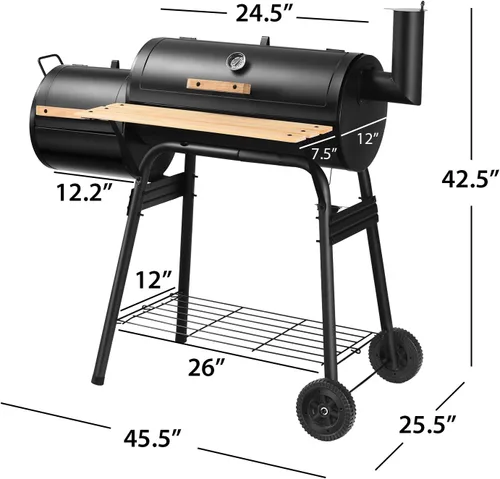 Vista 7 de Giantex Parrilla de carbón para barbacoa con ahumador desplazado, termómetro y amortiguador ajustable, ahumador para cocinar carne, ahumador
