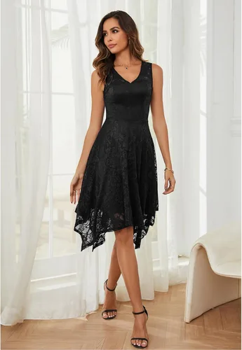 Vista 3 de Meetjen Vestidos de cóctel para mujer 2025 con dobladillo tipo pañuelo, encaje, formal, para invitada de boda, dama de honor, elegante, para Negro