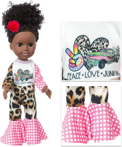 Vista 5 de ZQDOLL Conjunto de ropa de muñeca negra y muñeca de bebé, accesorios para muñecas, 14.5 pulgadas, muñeca afroamericana de silicona con mochila
