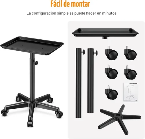 Vista 5 de Bandeja de salón con ruedas - Bandeja de tatuaje de aluminio premium con ruedas - Bandeja rodante ajustable para servicio de salón, carrito