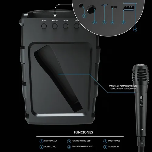 Vista 3 de Coby Spectra True - Altavoz Bluetooth inalámbrico, altavoz portátil con 5 modos de luz y micrófono, radio FM, batería recargable, USB, micro USB