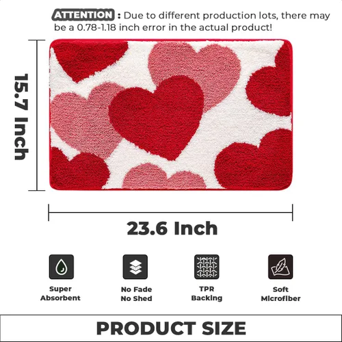 Vista 2 de Tapete de baño rojo súper absorbente, antideslizante y lavable a máquina, tapete grueso para baño (24 x 16 pulgadas, corazón rojo)