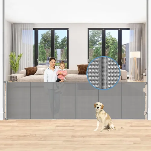Vista 17 de Puertas retráctiles reforzadas para bebés con varillas de soporte, se extienden hasta 55" de ancho, puerta retráctil para perros para entradas