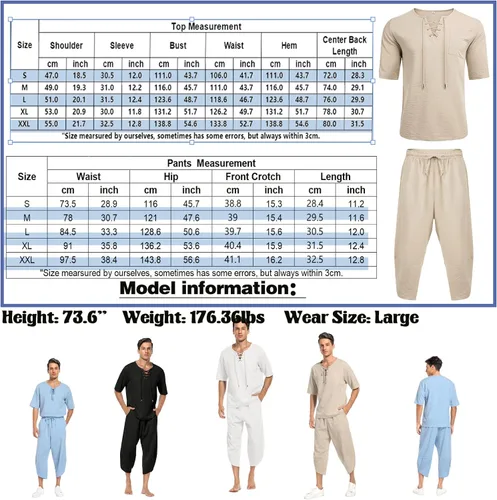 Vista 6 de Babioboa Conjunto de 2 piezas de lino para hombre, camisa hippie de manga corta y pantalones capri harén holgados para playa, pantalones de yoga