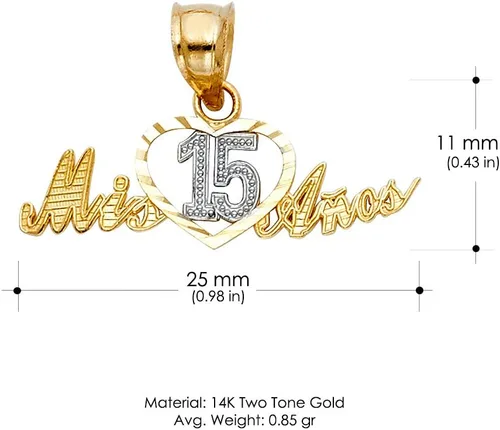 Vista 5 de Colgante de oro de dos tonos de 14 quilates dulce 15 años Quinceañera corazón Mis 15 anos con cadena Valentino de 0.059 in