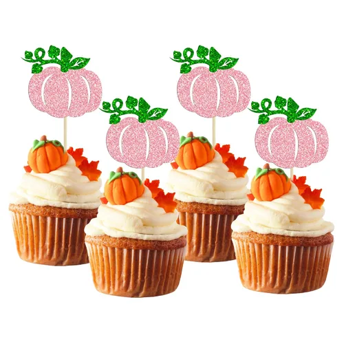 Vista 27 de Gyufise 24 piezas de decoración de cupcakes de calabaza con purpurina para temática de otoño, Acción de Gracias, Halloween, baby shower, niños