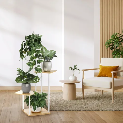 Vista 7 de Soporte para plantas de 4 niveles para interiores y exteriores, estante de esquina de metal de madera, múltiples estantes para macetas, estante
