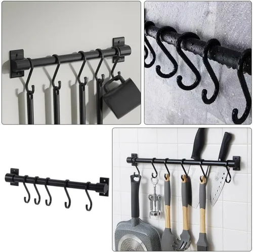 Vista 2 de Kichvoe Perchas de metal, 1 juego de utensilios de cocina, estante para ollas, barra de cacerola, colgador de pared de cocina, colgador de cucharas