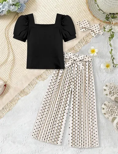 Vista 62 de DONWEN Conjunto de 3 piezas de ropa para niñas pequeñas y niñas con cuello cuadrado + pantalones elegantes + diadema para primavera y verano