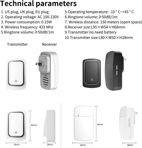 Vista 7 de Timbre inalámbrico autoalimentado, negro IP66 resistente al agua, no requiere batería, rango de 500 pies/492.1 ft, campanillas personalizadas, kit