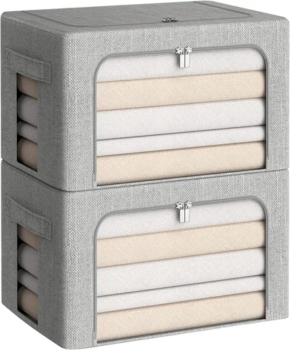 Vista 15 de CYhom Caja de almacenamiento de ropa, juego organizador plegable de tela de lino con ventana transparente, asas de transporte y marco de metal, 2