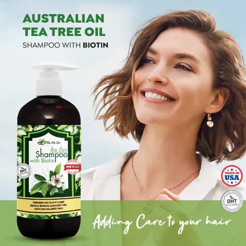 Vista 2 de Champú de aceite de árbol de té con biotina (16.9 onzas líquidas) Fórmula profesional para caspa, picazón y cuero cabelludo seco Hidratante