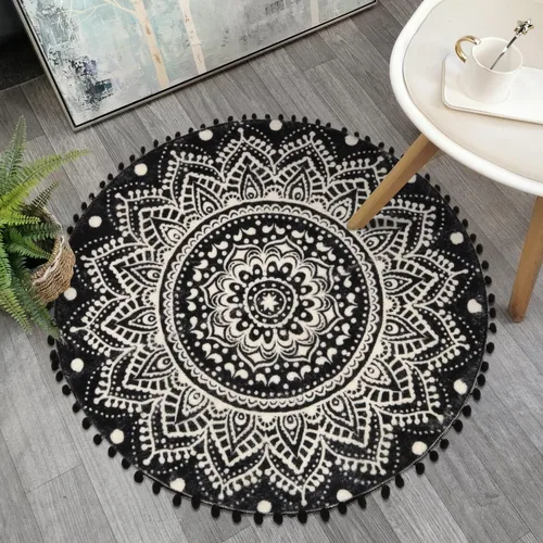 Vista 13 de Uphome Alfombra Redonda Pequeña de 2' Boho Beige y Gris Alfombra de Baño con Pompones y Flecos Lavable Mandala Círculo Tapete de Ducha Suave Mandala