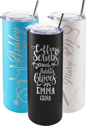 Vista 13 de Regalos de enfermera para mujeres, vaso personalizado para enfermera con nombre y especialidad, 20 onzas flacas, blanco, 8 diseños, con cepillo
