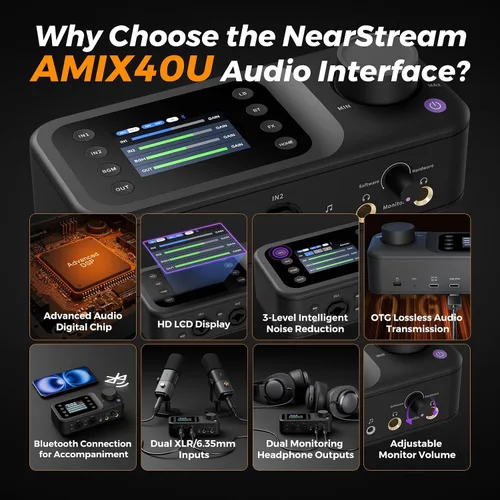 Vista 2 de NearStream AMIX40U - Interfaz de audio USB de 10 canales y mezclador de Negro