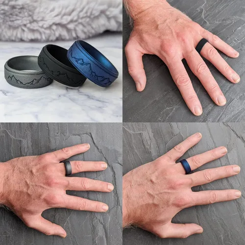 Vista 3 de Knot Theory Anillo de silicona para hombre, grabado de montaña, ondas, bosque, ancho de banda de 0.315 pulgadas, transpirable, ajuste cómodo