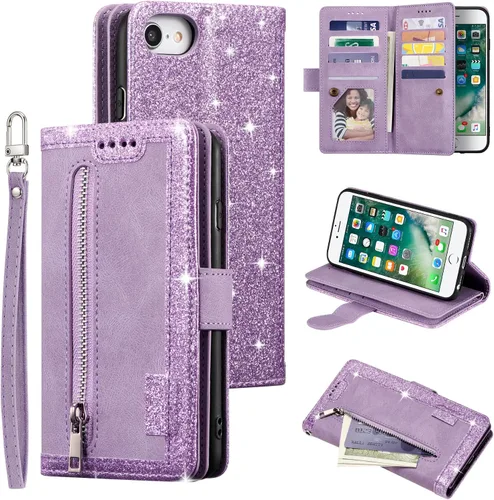 Vista 23 de UEEBAI Funda tipo cartera para iPhone SE 2022 5G/iPhone 7/iPhone 8/iPhone SE 2020, retro con 9 ranuras para tarjetas, bolsillo con cremallera, funda