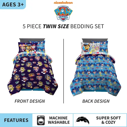 Vista 3 de Franco Juego de edredón y sábanas súper suaves para niños, 5 piezas, tamaño individual, película de Paw Patrol y ropa de cama para niños, manta