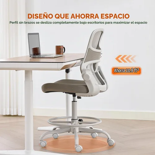 Vista 4 de Silla de dibujo sin brazos, silla de oficina alta con anillo ajustable para el pie y soporte lumbar, silla de escritorio alta de malla ergonómica