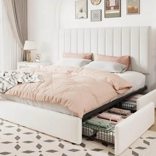 Vista 11 de Allewie Base de cama de almacenamiento de tamaño matrimonial, cabecera ajustable capitoné de canal vertical, plataforma tapizada de terciopelo con 4