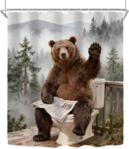 Vista 5 de Riyidecor Funny Brown Bear Shower Curtain for Bathroom Decor 60Wx72H Rustic Wooden Board Plank Animal Humorous Farmhouse Mountain Tree Art Printed