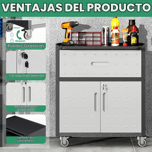 Vista 5 de Armario de herramientas con ruedas, armarios de herramientas con 2 puertas y 1 cajón para garaje, sala de herramientas, requiere montaje