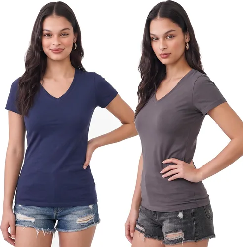 Vista 30 de Emmalise Camiseta de manga corta para mujer, cuello en V, tallas junior y plus