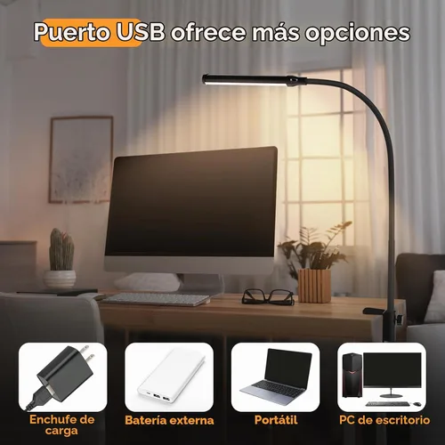 Vista 6 de Lámpara de escritorio LED ShineTech con abrazadera, 3000K Blanco Cálido, 11 niveles de brillo, luces de pinza para el cuidado de los ojos para hogar