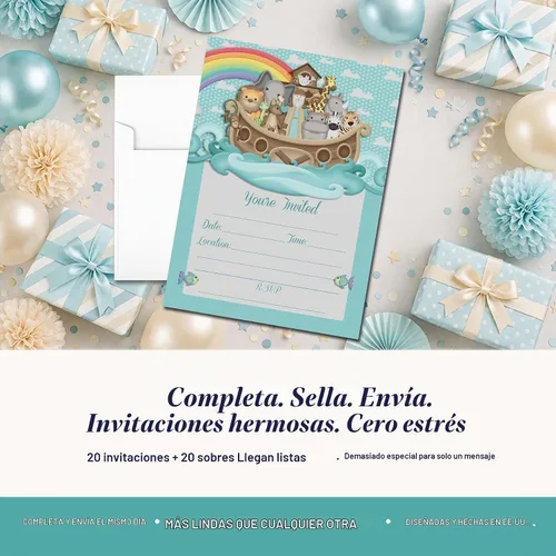 Vista 3 de Amanda Creation Noahs Ark - Invitaciones para baby shower, paquete de 20 invitaciones de cumpleaños de 5 x 7 pulgadas con sobres blancos, tarjetas