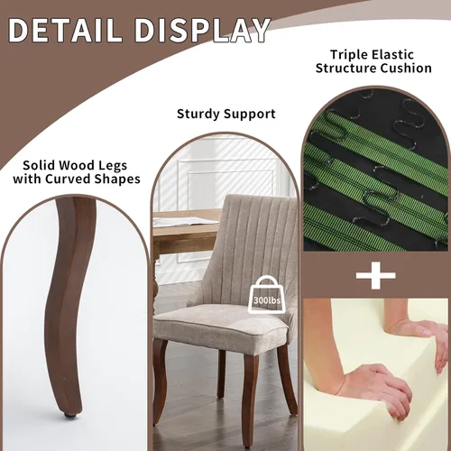 Vista 4 de Juego de 2 sillas de comedor modernas de mediados de siglo, tapizadas de tela beige, sillas de cocina y comedor, sillas de cocina con patas