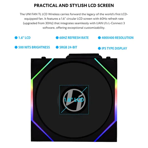 Vista 6 de Lian Li UNI - Ventilador Fan TL LCD Inalámbrico 120-Paquete Único-Señal Inalámbrica de 2.4 GHz, Ventilador ARGB-Espejo Infinito-Cadena de Margarita
