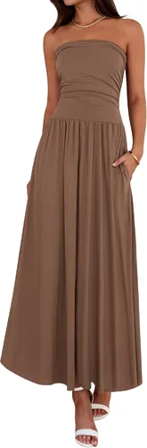 Vista 18 de BTFBM Vestidos largos de verano para mujer, vestido sin tirantes Marrón