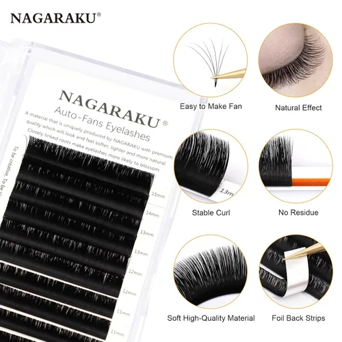Vista 2 de NAGARAKU Easy Fan - Extensiones de pestañas con volumen, 0.05 D 0.315-0.591 in, mezcla de negro mate Soft Faux Mink PBT Fiber, Rapid Self Blooming