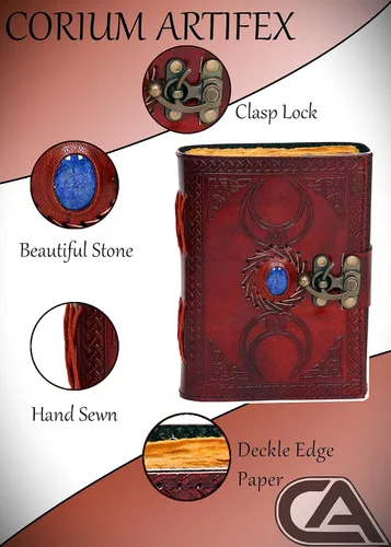 Vista 3 de Diario de cuero de triple luna, diario grimorio, cuaderno de bocetos de cuero de una sola piedra, 200 hojas antiguas en blanco con borde de cubierta