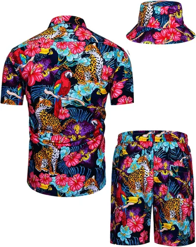 Vista 22 de TUNEVUSE Conjunto de camisas y pantalones cortos hawaianos para hombre, 2 piezas, trajes de playa con estampado de flores, traje tropical de verano
