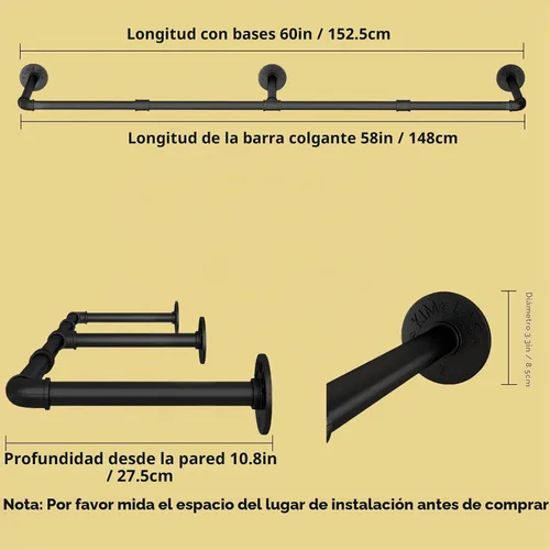 Vista 5 de Perchero de ropa montado en la pared de 60 pulgadas, estantes de ropa industriales de tubo para montar en la pared, barra de ropa desmontable