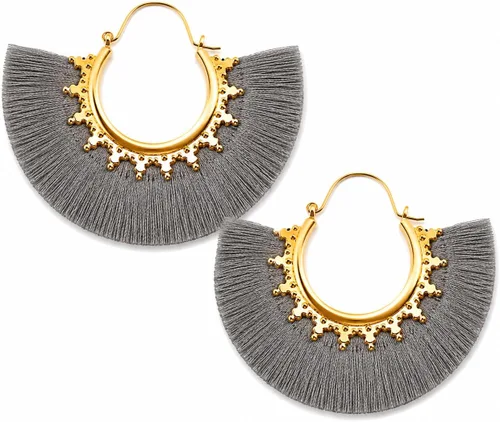 Vista 22 de Aretes de aro con borla, aretes colgantes de hilo de declaración, elegantes aretes largos con flecos, ligeros, largos y con gancho francés, para un