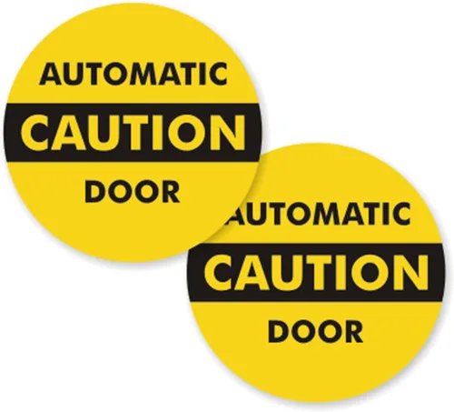 Vista 2 de SmartSign, calcomanía para vidrio de doble cara con leyenda "Caution: Automatic Door 2-Sided Message", círculo de 6 pulgadas de diámetro