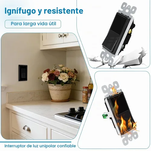 Vista 6 de Greencycle Interruptor de luz basculante negro de un solo polo, interruptor de luz de paleta de 15 amperios, interruptores Sp blancos, 120V-277V CA