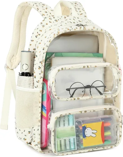 Vista 66 de CAMTOP Mochila transparente resistente y transparente para estudiantes, escuela, trabajo, festival, viajes, deportes, Beige, Mediana, Camtop Mochila