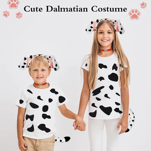 Vista 3 de U-Goforst Diadema con orejas de dálmata y cola Disfraz para mujer, disfraz de Halloween, cachorro, disfraz de perro, blanco y negro