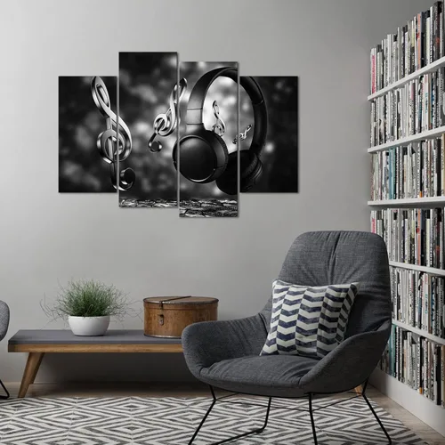 Vista 3 de 4 paneles de auriculares inalámbricos, lienzo, arte de pared, notas en blanco y negro, pintura con auriculares HD, carteles fotográficos para sala