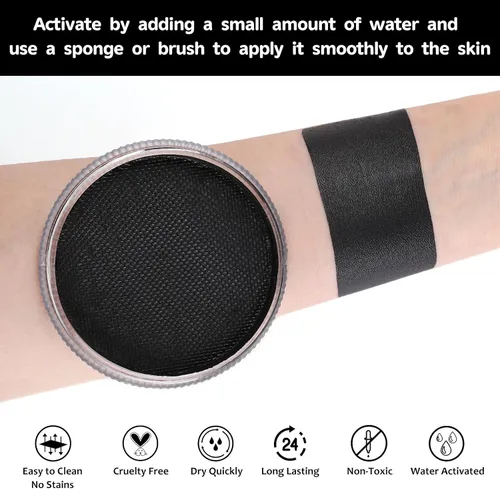 Vista 3 de Pintura facial negra (1.06 onzas), kit de pintura facial activada por agua para niños y adultos, paleta de pintura facial de maquillaje SFX