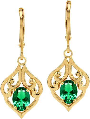 Vista 5 de Silvershake Aretes colgantes de plata de ley 925 chapados en oro blanco o amarillo con piedra natal ovalada de 0.276 x 0.197 in, estilo victoriano