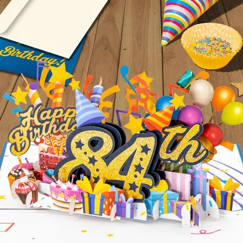 Vista 5 de iGifts And Cards Tarjeta desplegable 3D de feliz cumpleaños 84 – Diseño azul con números de purpurina, globos, pasteles y regalos – Tarjeta