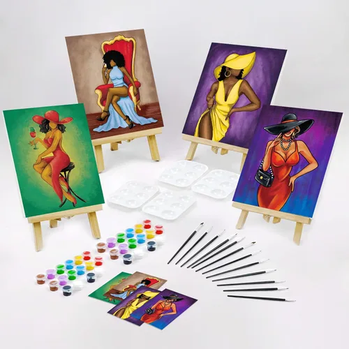 Vista 3 de Nuberlic Paquete de 4 pinturas elegantes de 8 x 10 pulgadas, lienzo predibujado para pintar para adultos Afro Queen sorbo y pintura, recuerdo