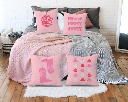 Vista 6 de Juego de 4 fundas de almohada decorativas con diseño de bola de discoteca y vaquera occidental, color rosa intenso, para decoración del hogar